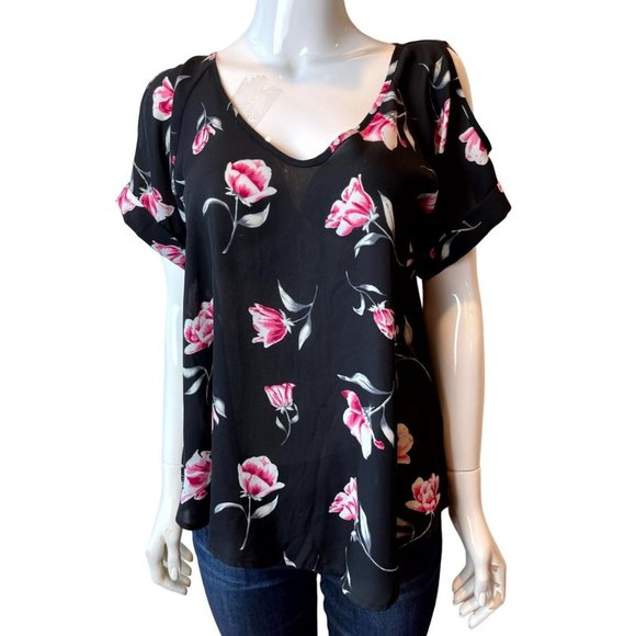 Sienna Sky Women's Floral Cold Shoulder Blouse Top V Neck Black Size Small - Picture 1 of 6